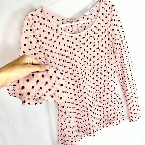 MAURICES |🎀Light Pink Navy Blue Polka Dots Long-Sleeved Sheer Mesh Shirt Blouse - Picture 5 of 8